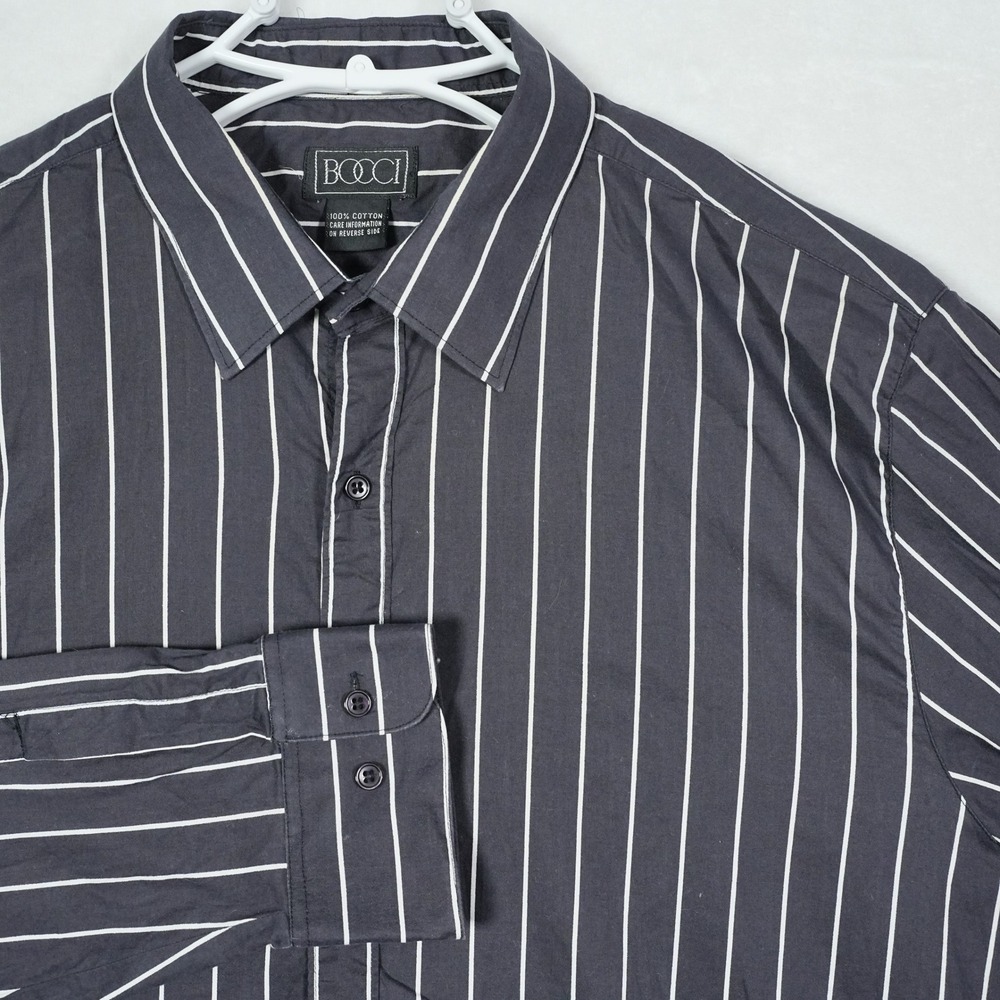 Bocci Mens XL Gray White Striped Cotton Long Sleeve Button Down Shirt XL 17-17.5